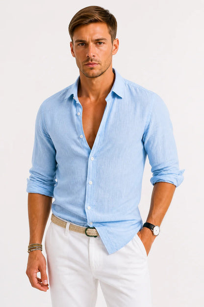 Chemise à manches longues boutonnée en lin pour homme 3