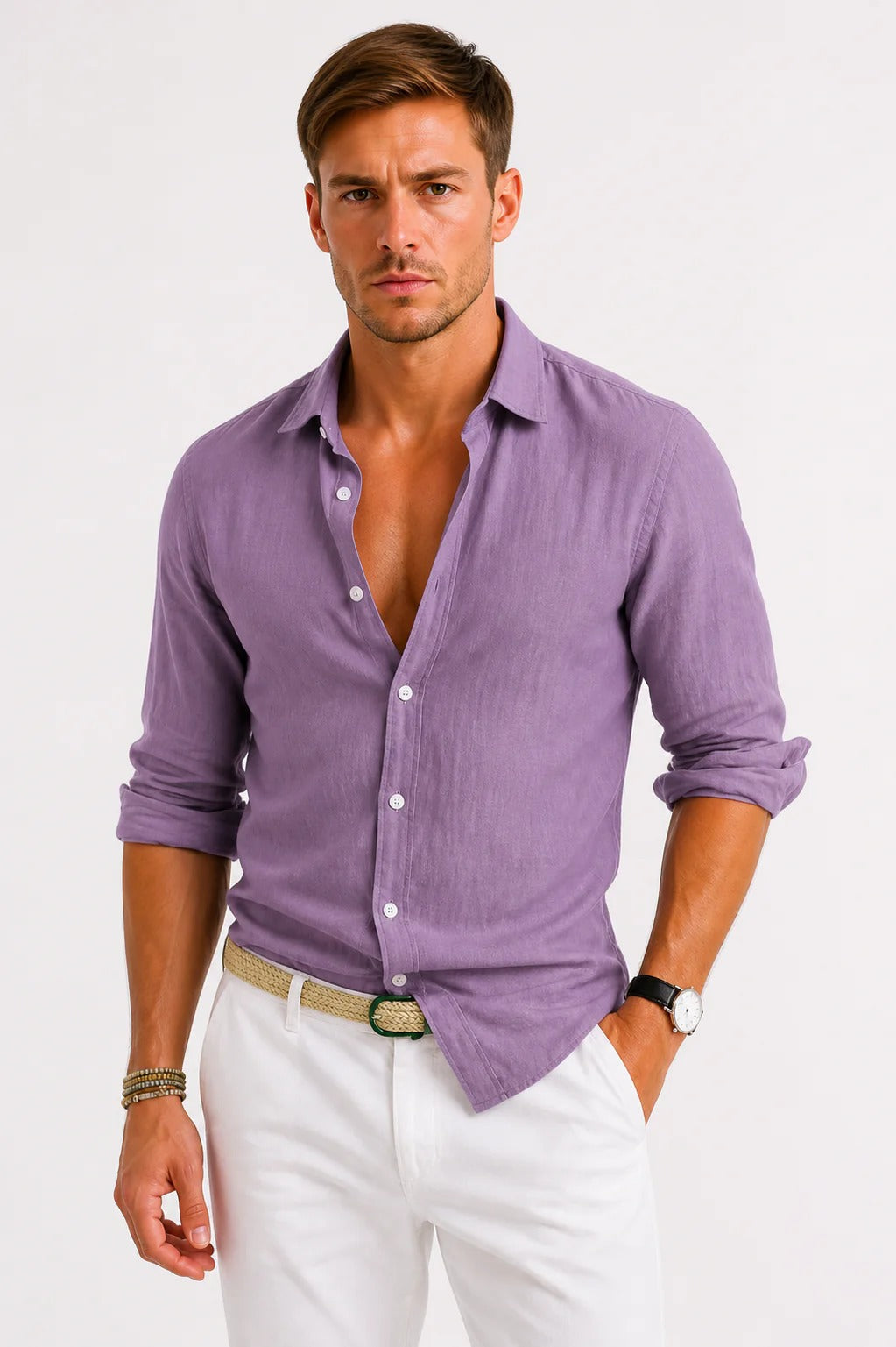 Chemise à manches longues boutonnée en lin pour homme 4