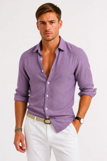 Chemise à manches longues boutonnée en lin pour homme 4