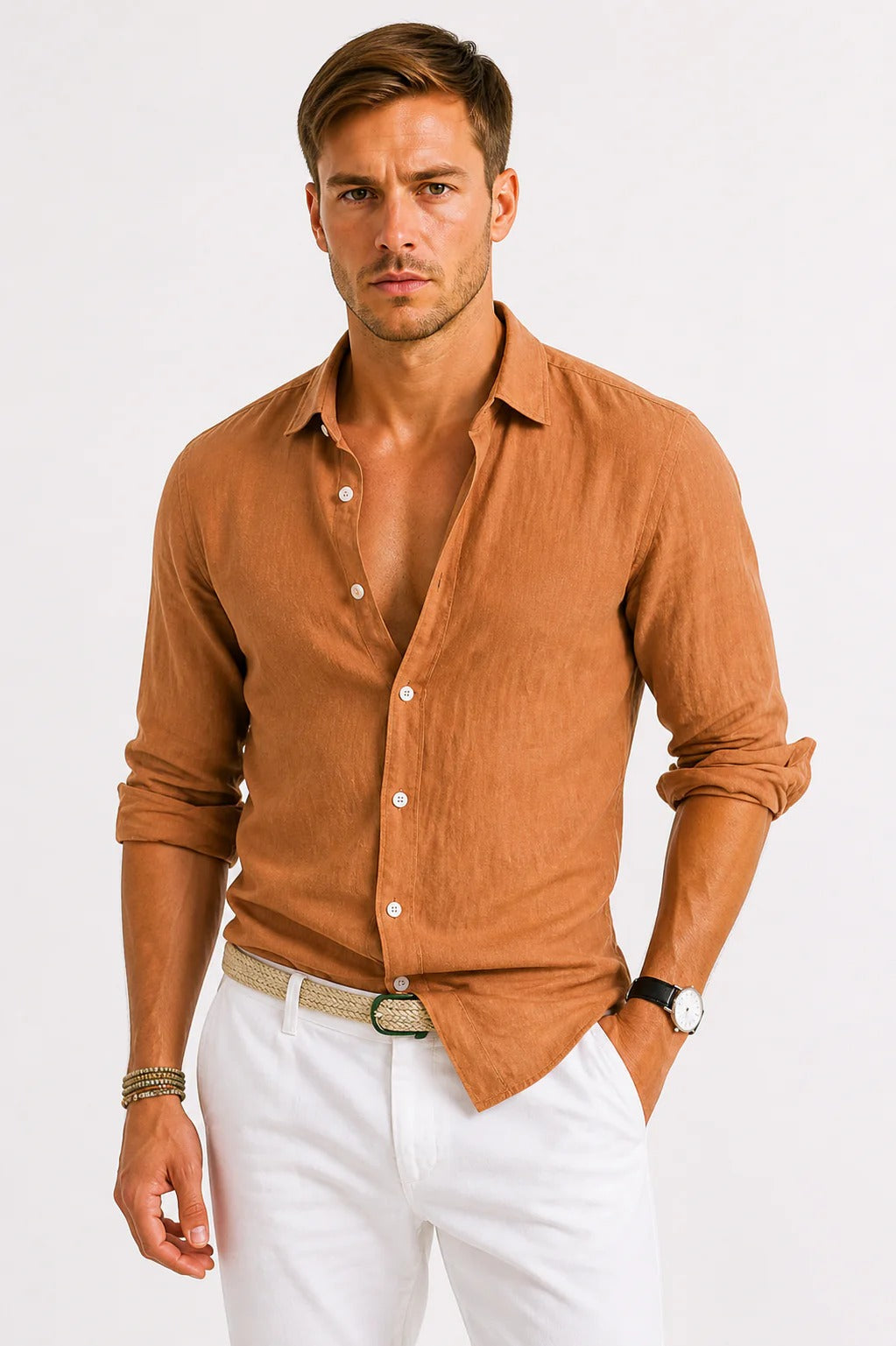 Chemise à manches longues boutonnée en lin pour homme 5