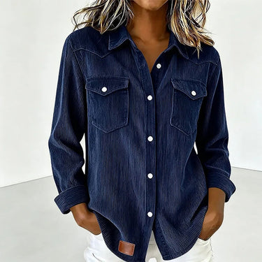 Chemise boutonnée en velours côtelé pour femme avec poches plaquées 2