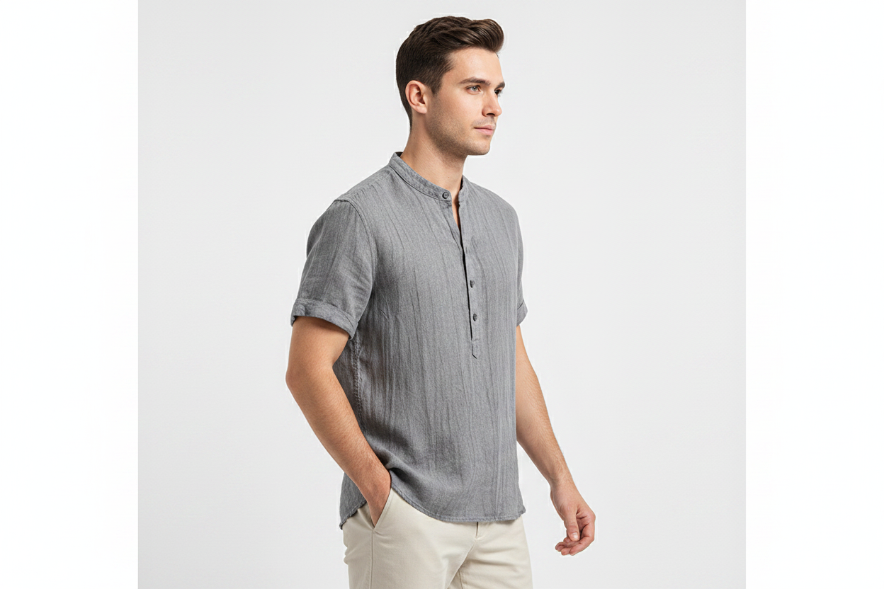 Chemise homme à manches courtes avec col montant et patte boutonnée