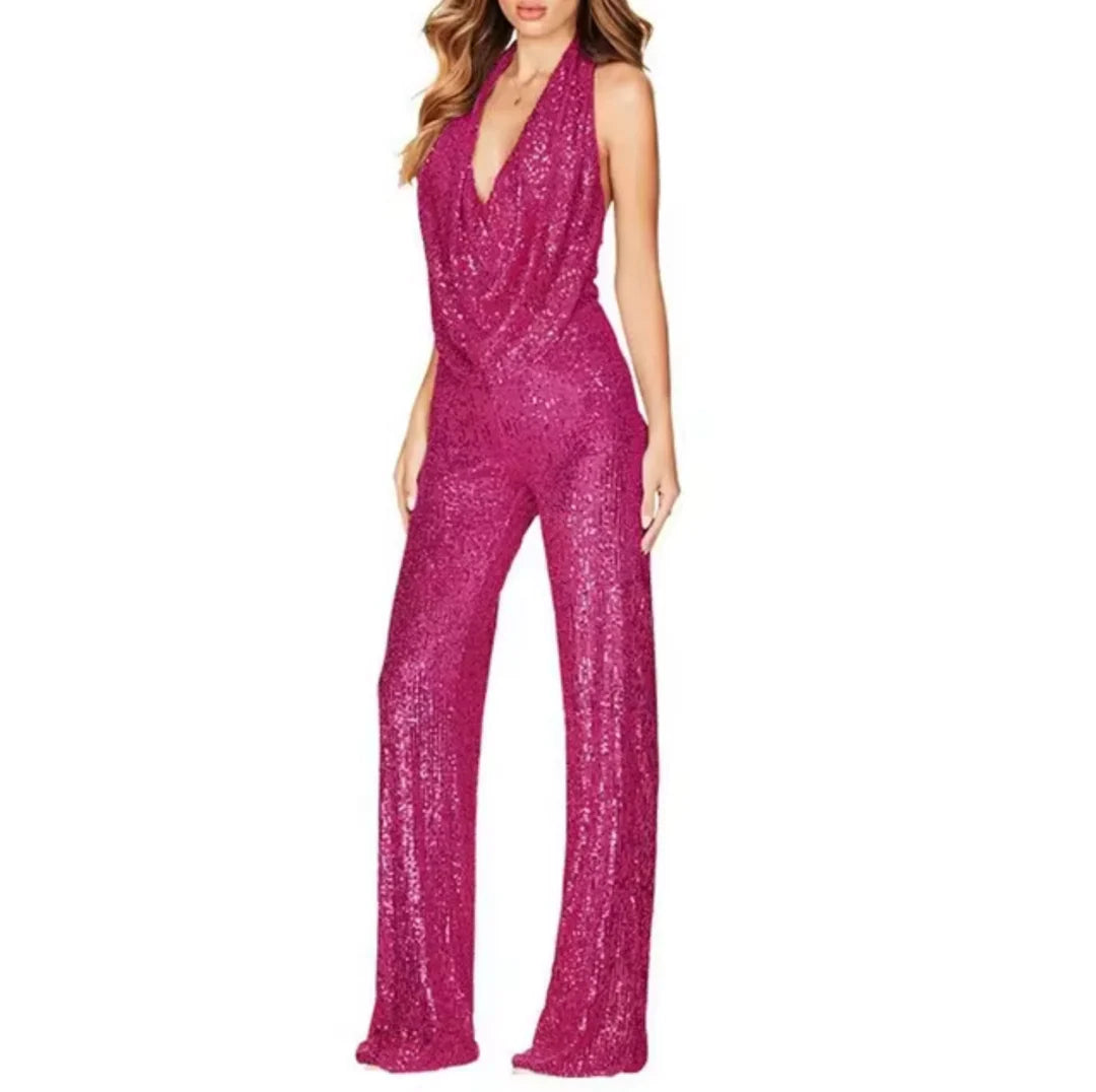 Combinaison Pantalon Femme Pailletée Col Halter-Gigié