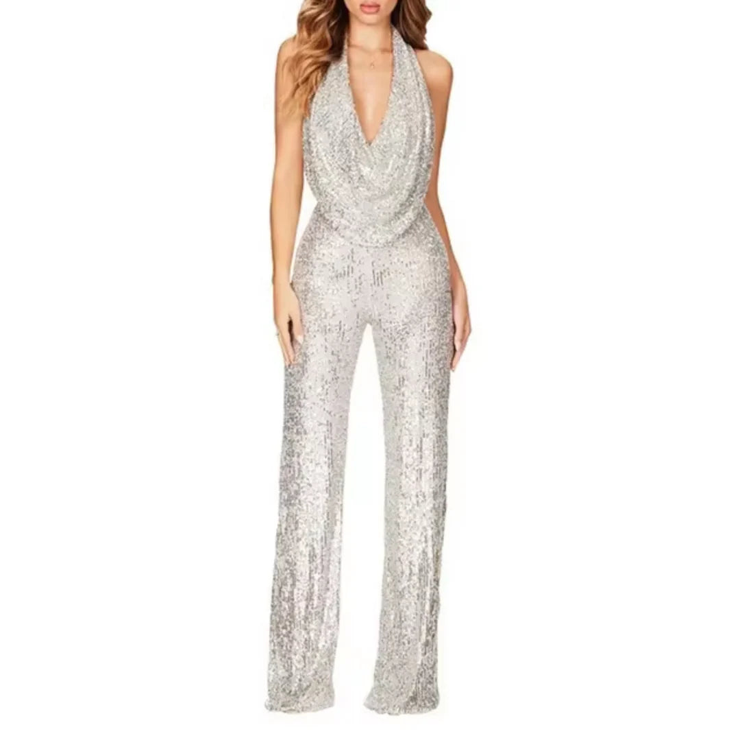 Combinaison Pantalon Femme Pailletée Col Halter-Gigié