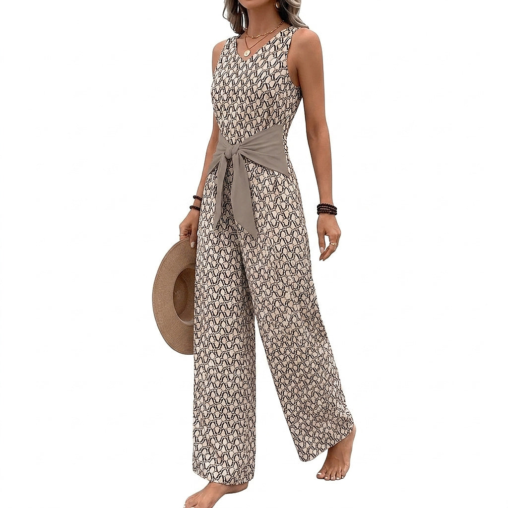 Combinaison femme sans manches à col en V et jambes larges avec ceinture à nouer 3