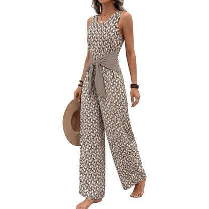 Combinaison femme sans manches à col en V et jambes larges avec ceinture à nouer 3