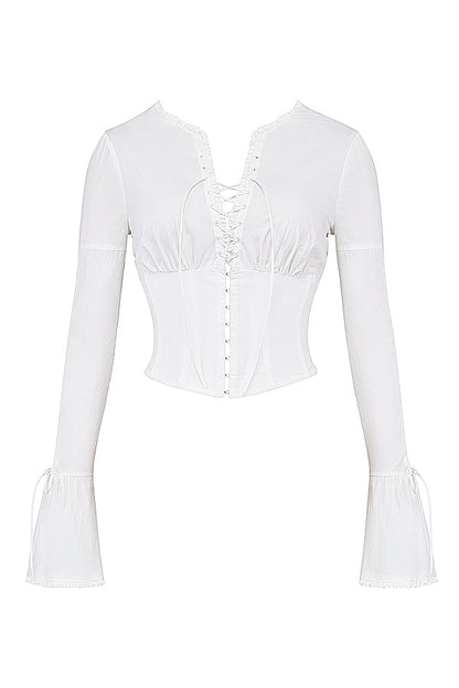 Corset Top Women Long Sleeve Lace Up Deep Neckline 4