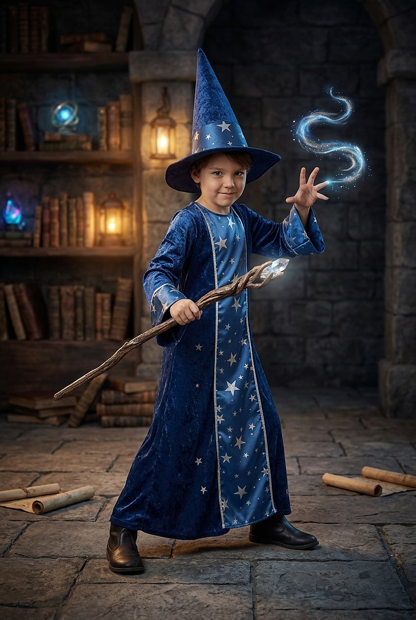 Costume de magicien unisexe avec imprimé étoiles et chapeau 2