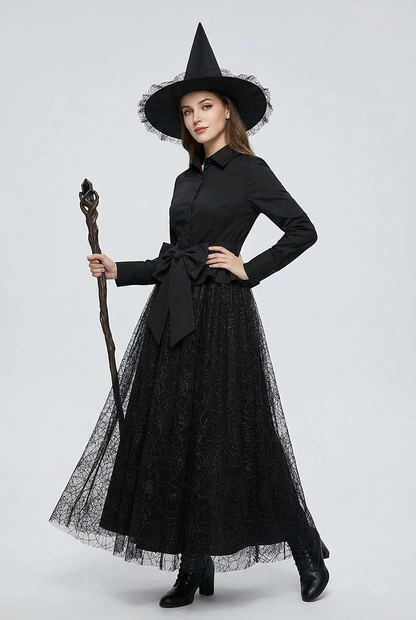 Costume de sorcière pour femme avec jupe en toile d'araignée et chapeau 2