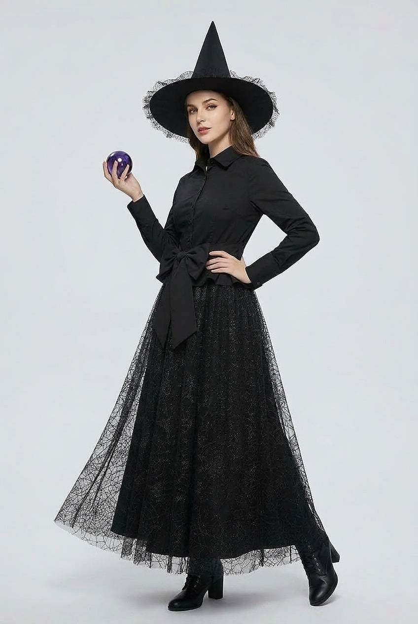 Costume de sorcière pour femme avec jupe en toile d'araignée et chapeau 3
