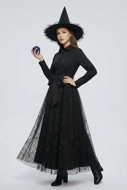 Costume de sorcière pour femme avec jupe en toile d'araignée et chapeau 3