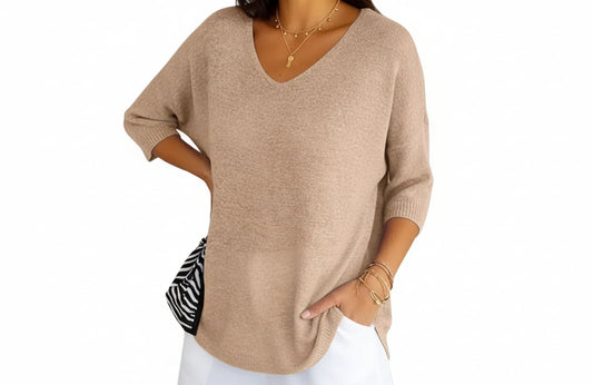 Femme pull en maille avec col en V et manches courtes