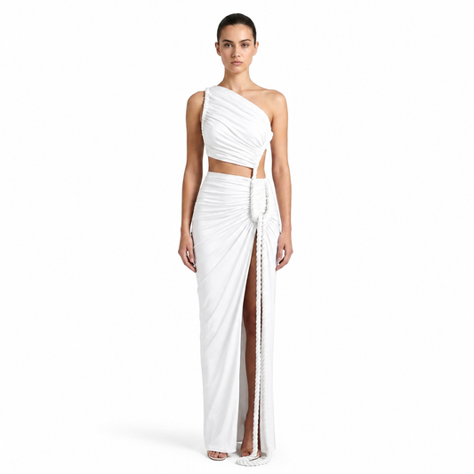 Robe longue femme asymétrique à une épaule avec fronces