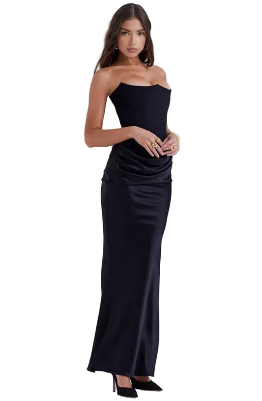 Robe longue femme sans bretelles avec panneau drapé à la taille