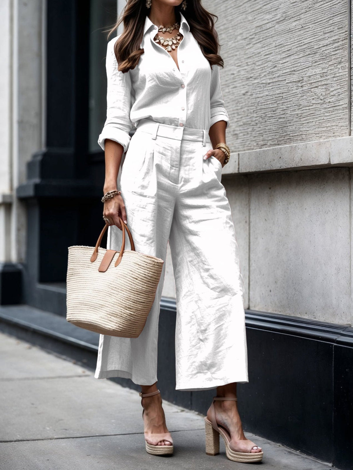 Ensemble chemise boutonnée et pantalon large pour femme 5