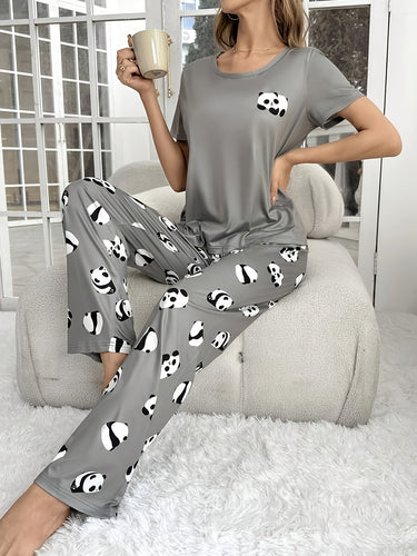 Ensemble de pyjama à manches courtes avec imprimé panda pour femme 2