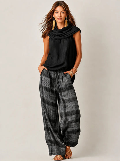 Ensemble haut sans manches à col bénitier et pantalon large à carreaux pour femme 2