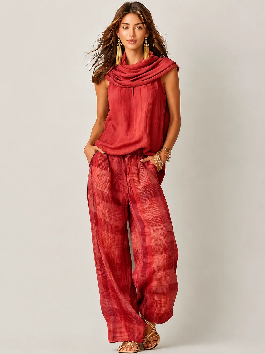 Ensemble haut sans manches à col bénitier et pantalon large à carreaux pour femme 3