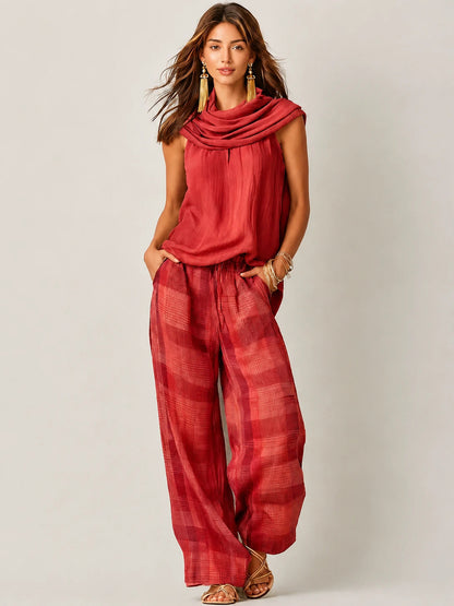 Ensemble haut sans manches à col bénitier et pantalon large à carreaux pour femme 3