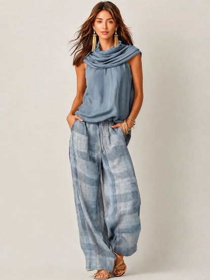 Ensemble haut sans manches à col bénitier et pantalon large à carreaux pour femme 4