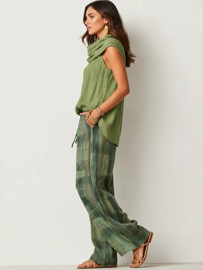Ensemble haut sans manches à col bénitier et pantalon large à carreaux pour femme 6