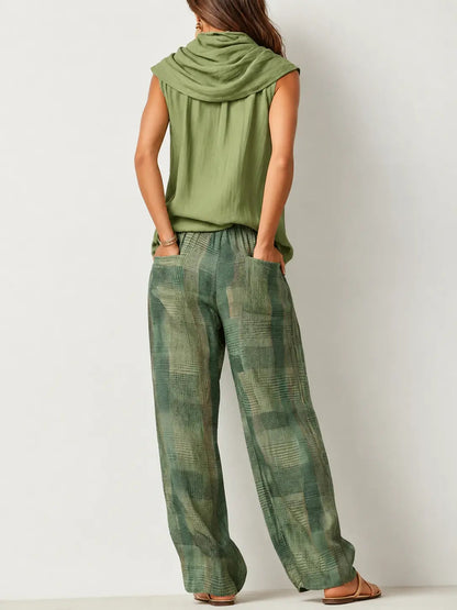 Ensemble haut sans manches à col bénitier et pantalon large à carreaux pour femme 7