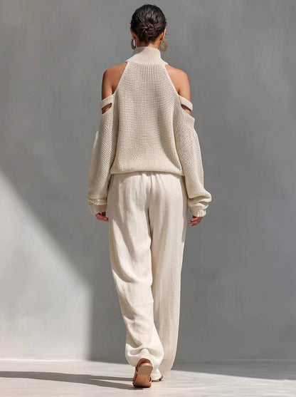 Ensemble pull en maille à épaules dénudées et pantalon large pour femme 2