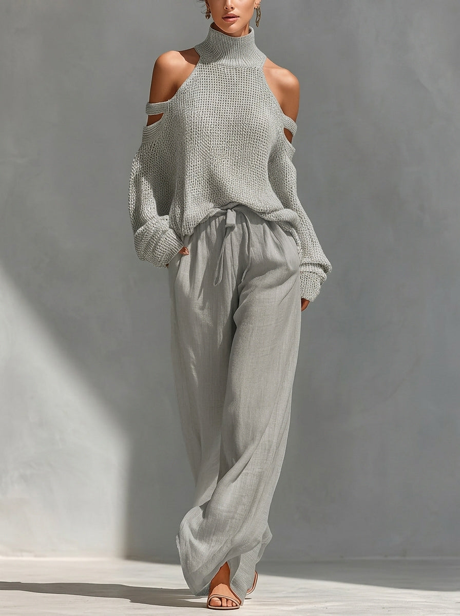Ensemble pull en maille à épaules dénudées et pantalon large pour femme 3