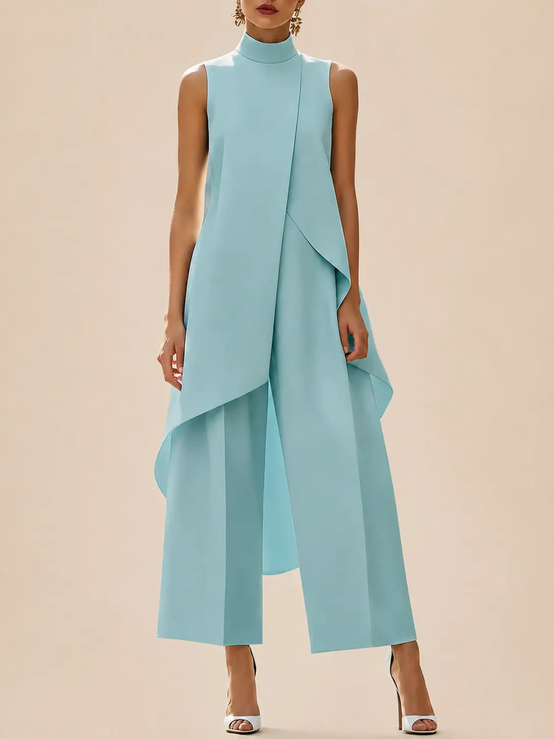 Ensemble tunique sans manches à col montant et pantalon large pour femme 3