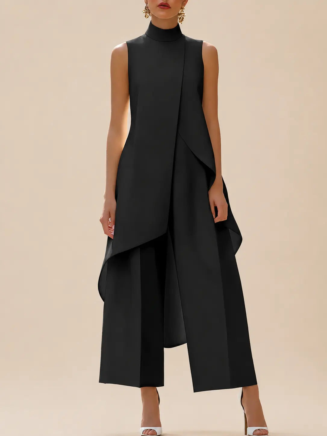 Ensemble tunique sans manches à col montant et pantalon large pour femme 4