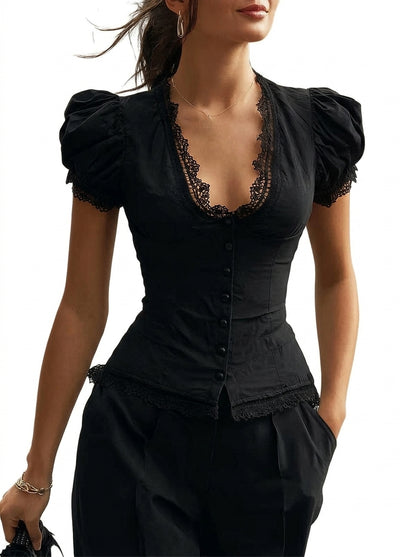 Femme Blouse manches bouffantes bordure dentelle boutonnage frontal Noir