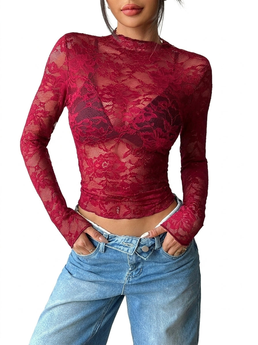 Femme Haut en dentelle à manches longues et col montant Bordeaux