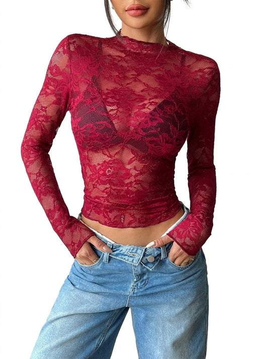 Femme Haut en dentelle à manches longues et col montant Bordeaux