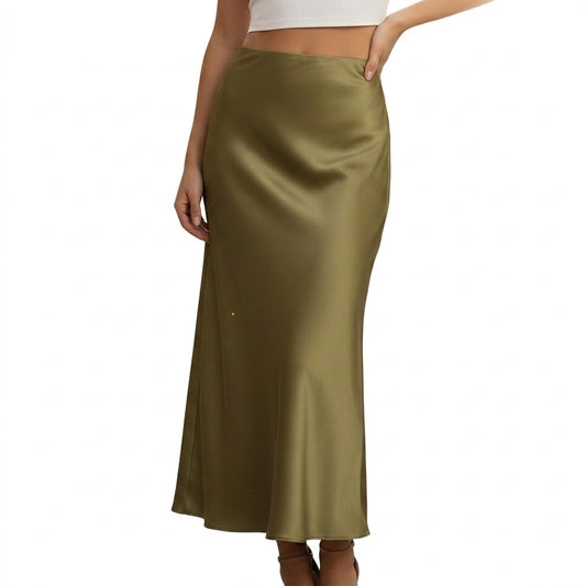 Femme Jupe Longue Taille Haute Coupe Évasée Vert Foncé