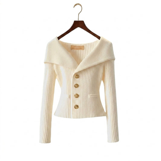 Femme Pull à Col Large et Boutons Métalliques en Maille Côtelée Blanc