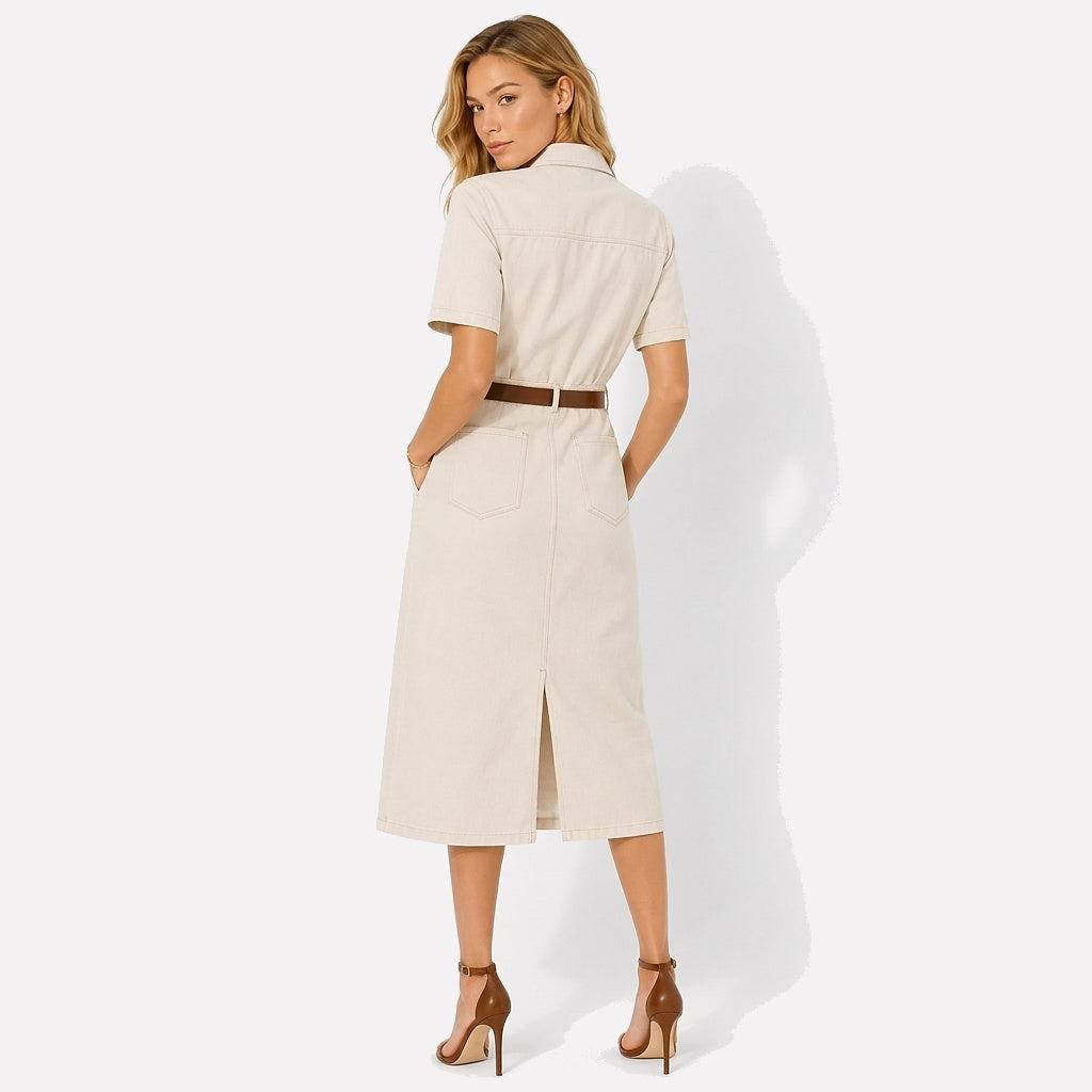 Femme Robe chemise midi manches courtes poches poitrine ceinture 3