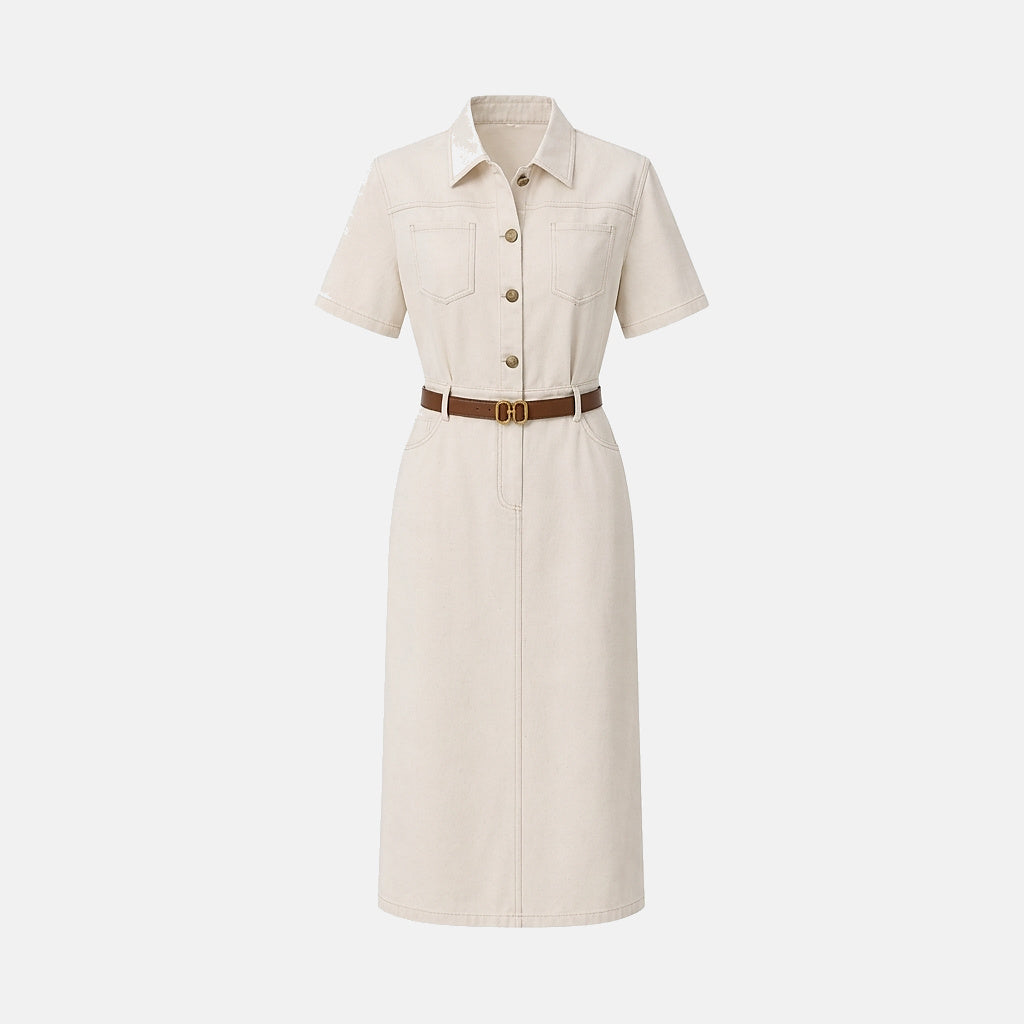 Femme Robe chemise midi manches courtes poches poitrine ceinture 4