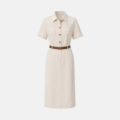 Femme Robe chemise midi manches courtes poches poitrine ceinture 4