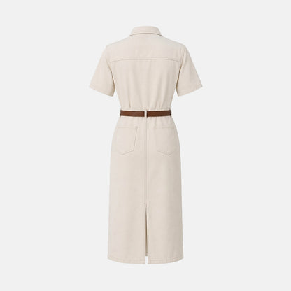 Femme Robe chemise midi manches courtes poches poitrine ceinture 5