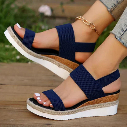 Femme Sandales à Plateforme avec Brides Élastiques et Semelle en Jute Bleu