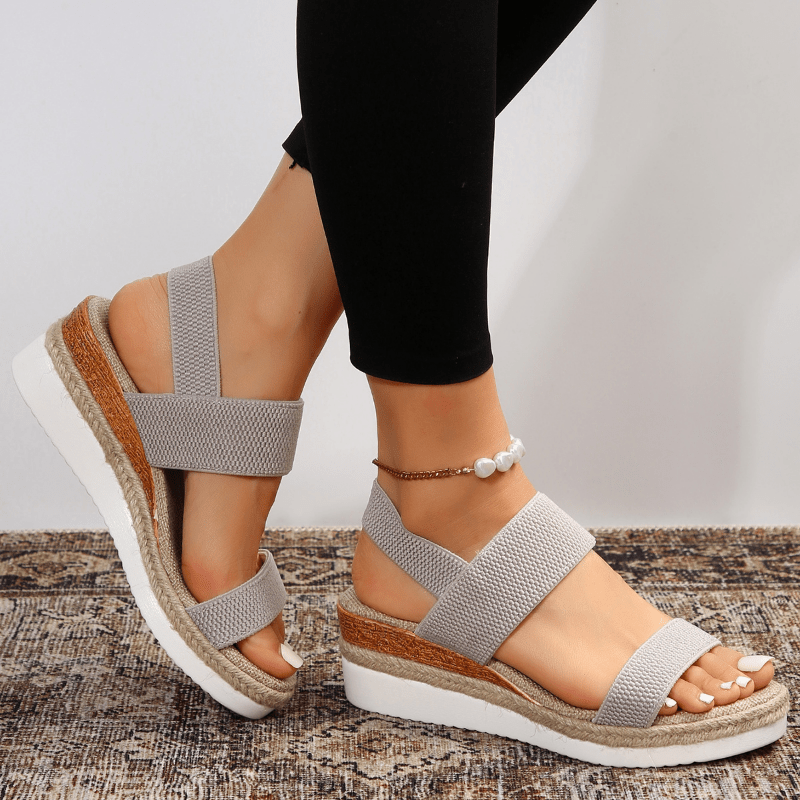 Femme Sandales à Plateforme avec Brides Élastiques et Semelle en Jute Gris