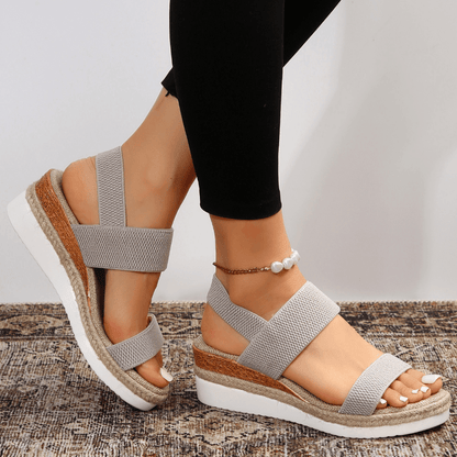 Femme Sandales à Plateforme avec Brides Élastiques et Semelle en Jute Gris