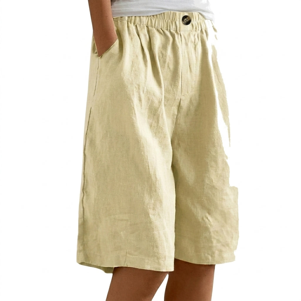 Femmes Short Jambes Larges Taille Elastique Bouton Beige