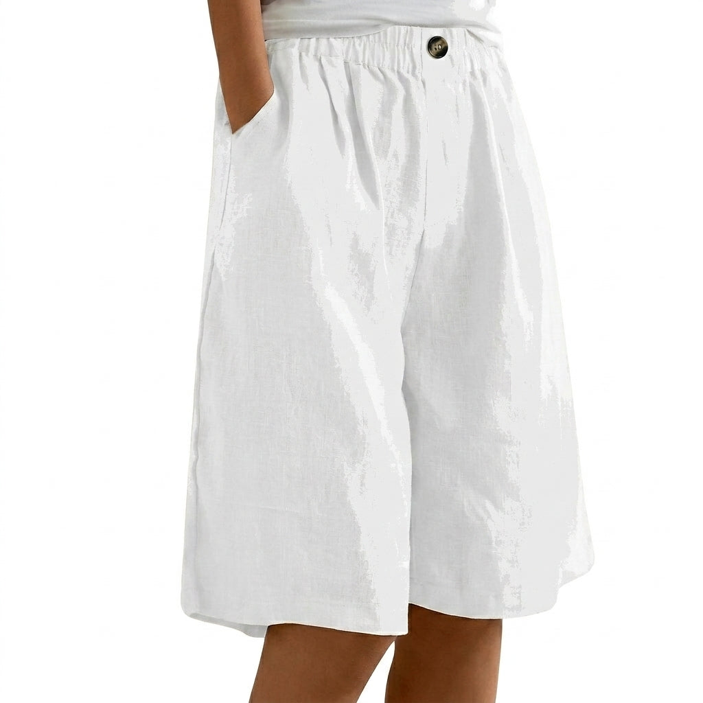 Femmes Short Jambes Larges Taille Elastique Bouton Blanc