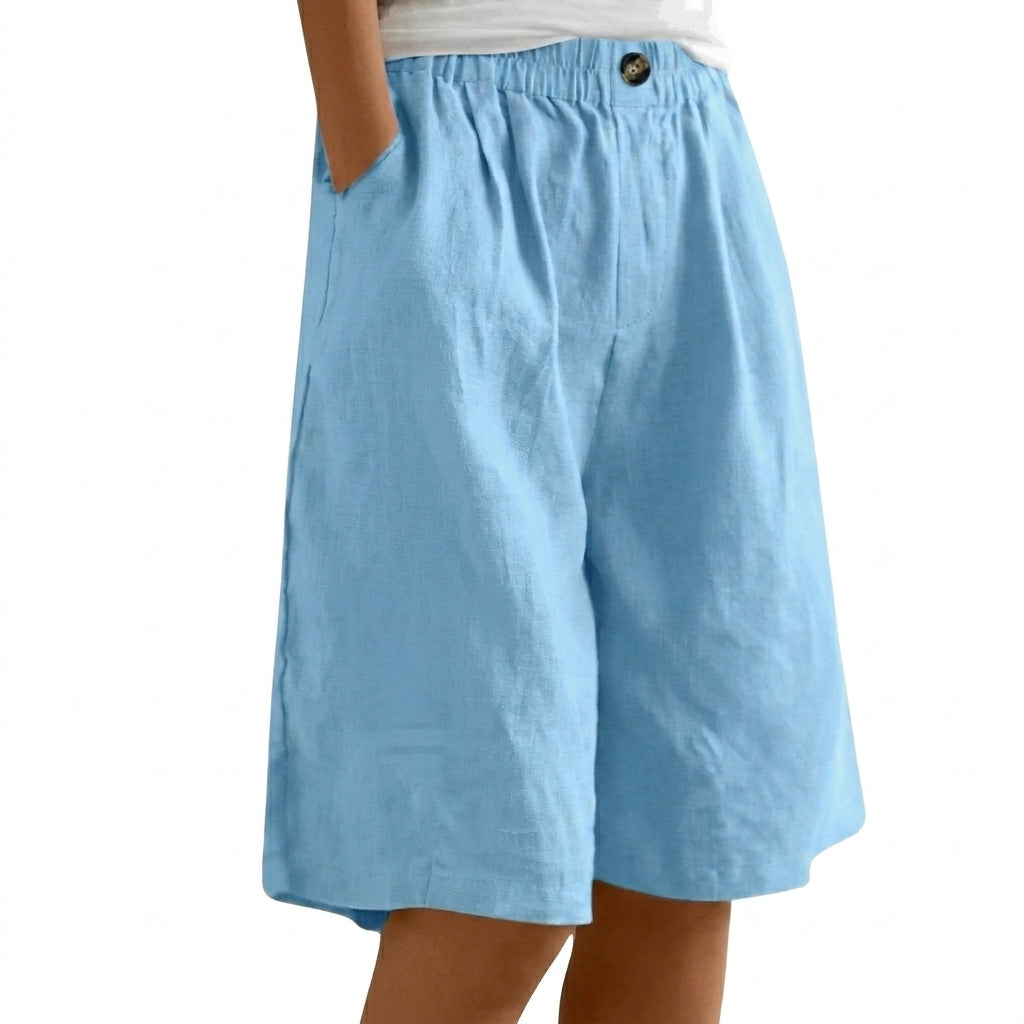 Femmes Short Jambes Larges Taille Elastique Bouton Bleu Clair