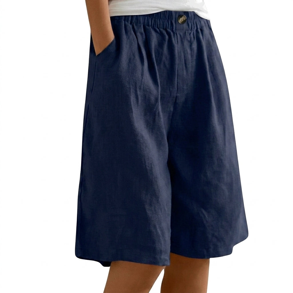 Femmes Short Jambes Larges Taille Elastique Bouton Bleu Marine