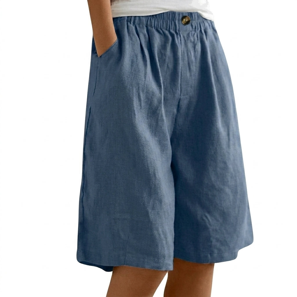 Femmes Short Jambes Larges Taille Elastique Bouton Bleu