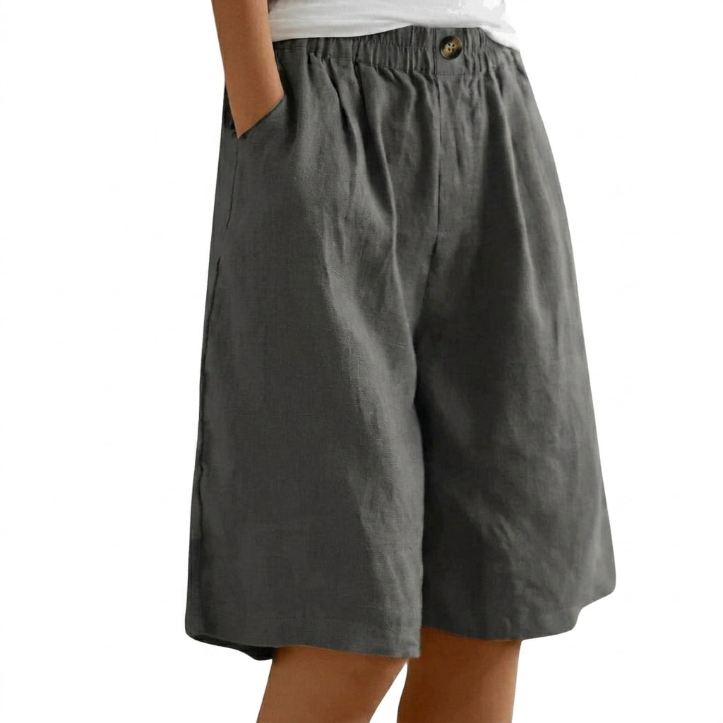 Femmes Short Jambes Larges Taille Elastique Bouton Gris