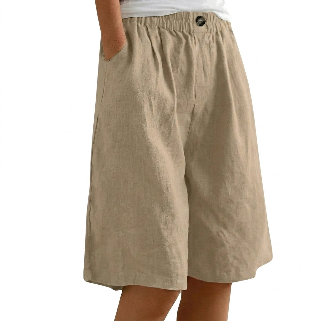 Femmes Short Jambes Larges Taille Elastique Bouton Kaki