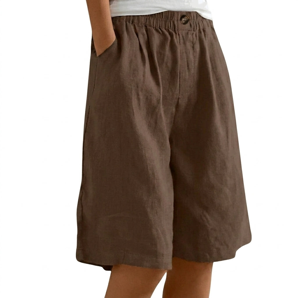 Femmes Short Jambes Larges Taille Elastique Bouton Marron